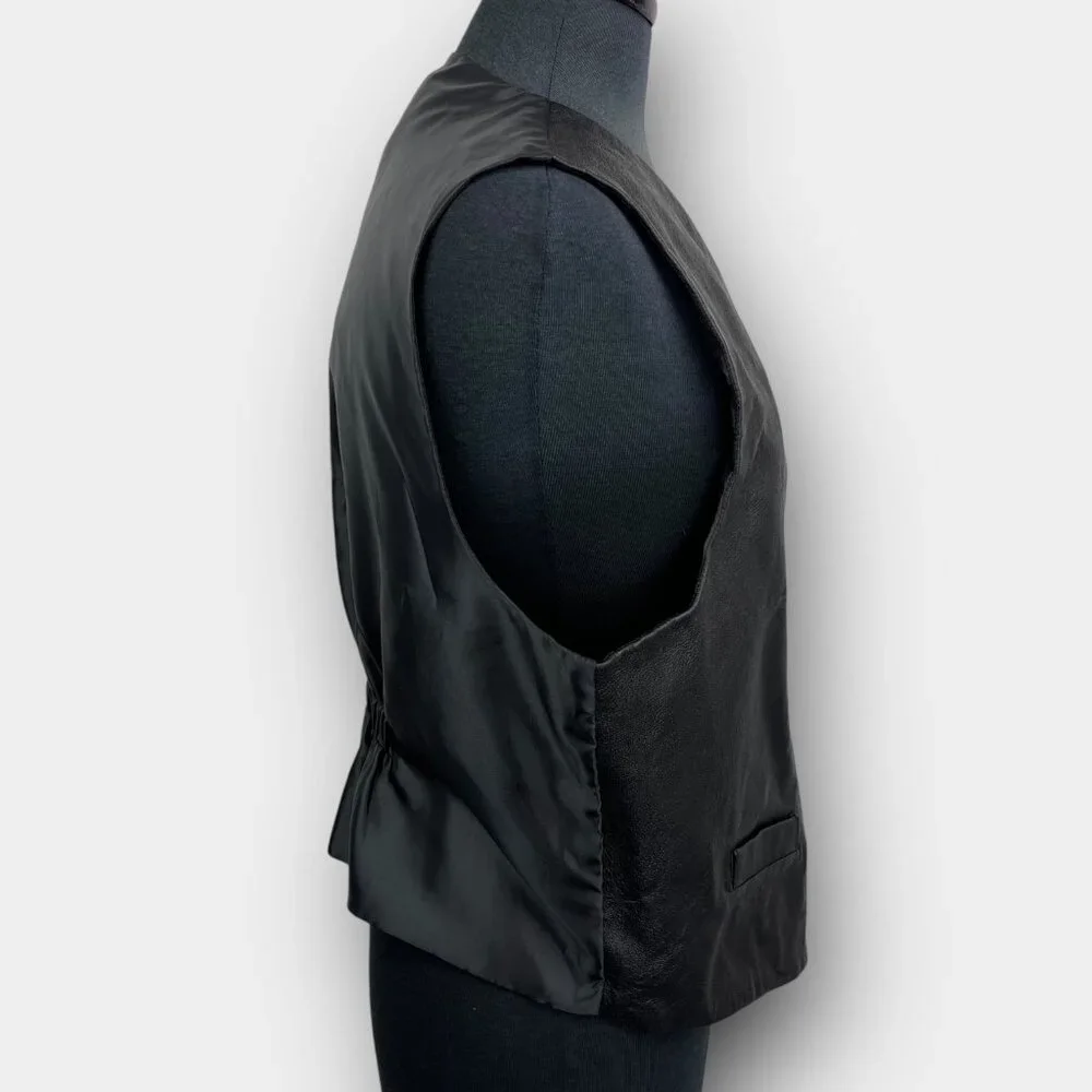 HER Vintage 90s Black Leather Front Waistcoat Vest L Lined Adjustable Back - Picture 3 of 8